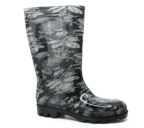 Dámské holínky s černo-bílým vzorem růží