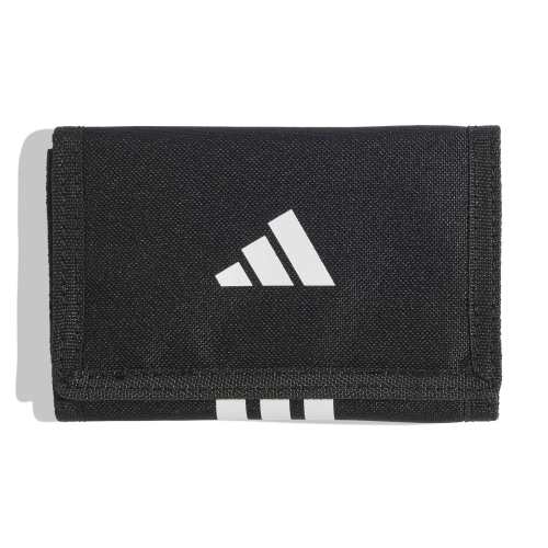 Černá skládací peněženka Adidas s bílým logem a třemi pruhy.