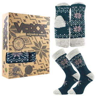 VoXX sada zimních ponožek a pletených palčáků ALTA SET z merino vlny a alpaky TMAVĚ TYRKYSOVÉ
