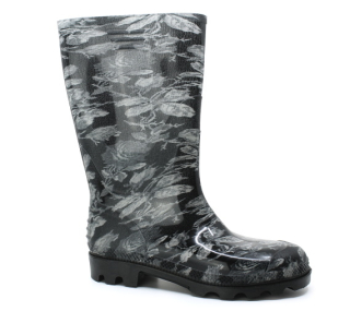 Dámské holínky s ornamenty růží, černo-bílé